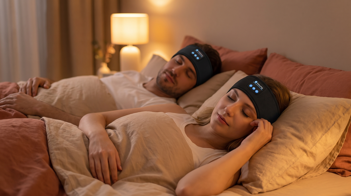 Couple au lit portant le bandeau de sommeil KOZYEE