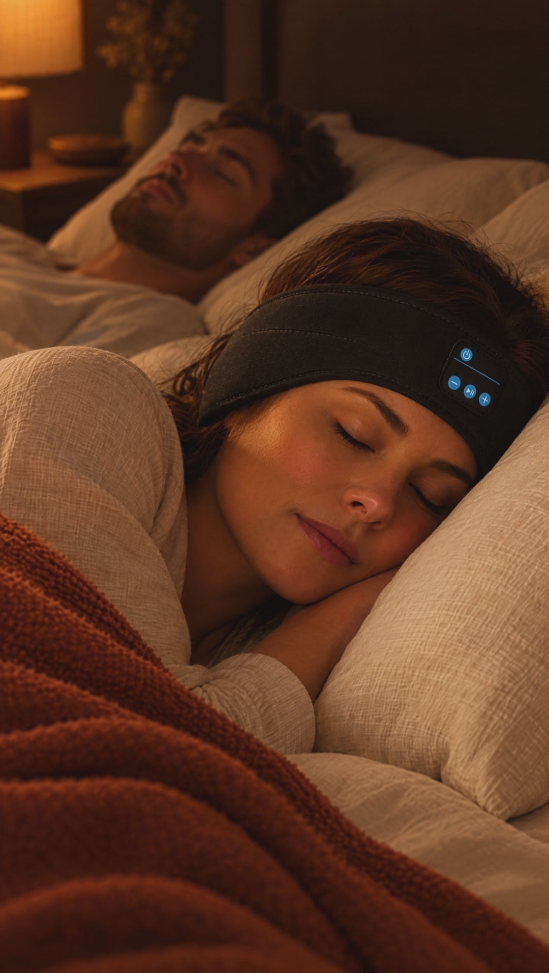 Elle dort paisiblement avec le bandeau KOZYEE pendant que son partenaire ronfle